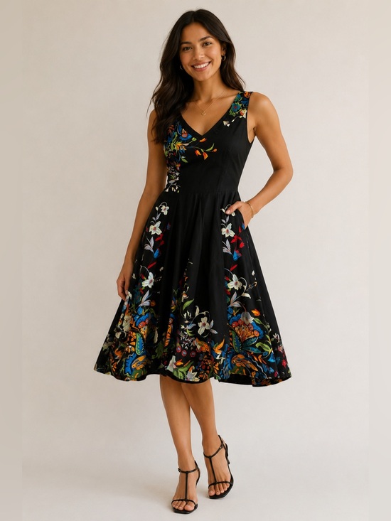 Dresses & Skirts - Eva Rose Black Floral V-Neck Fit & Flare 100% Cotton Retro Garden Party dress